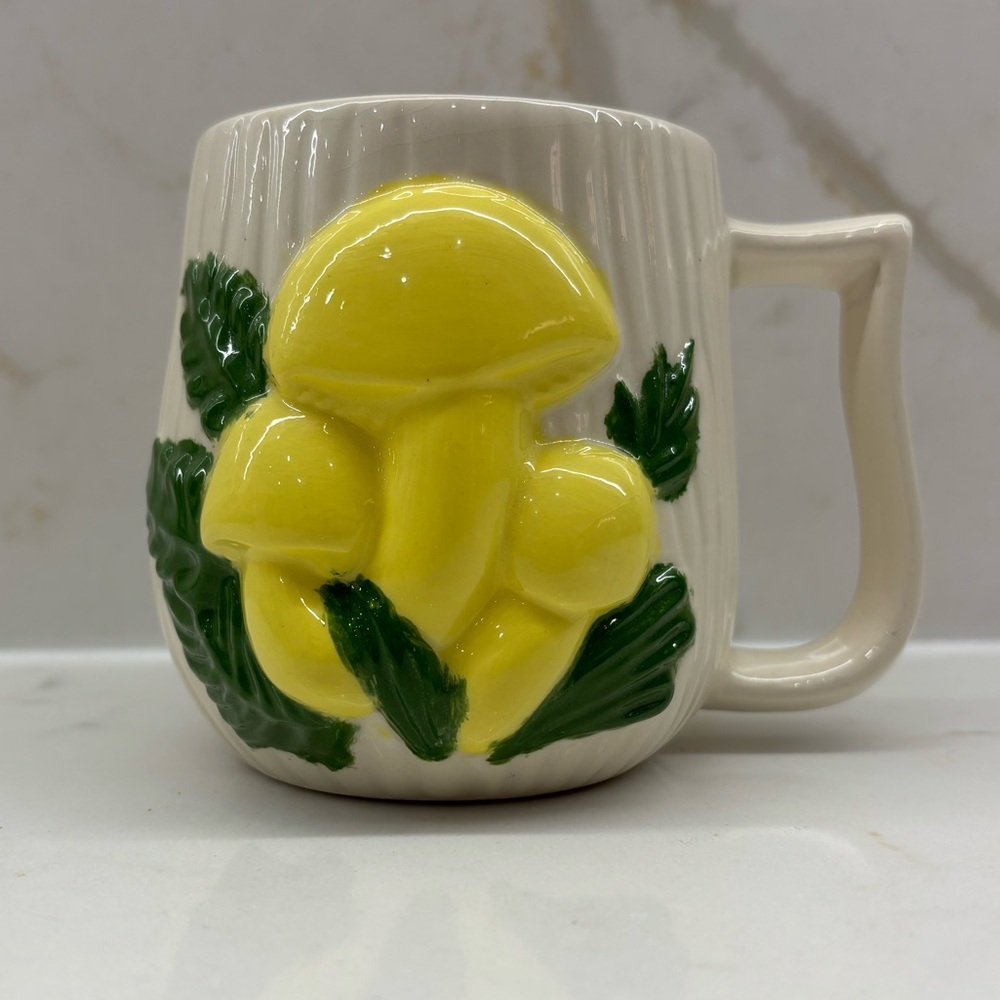 Vintage Arnels Lemon Yellow Mushroom Ceramic Mug Raised 3D Images 1970s